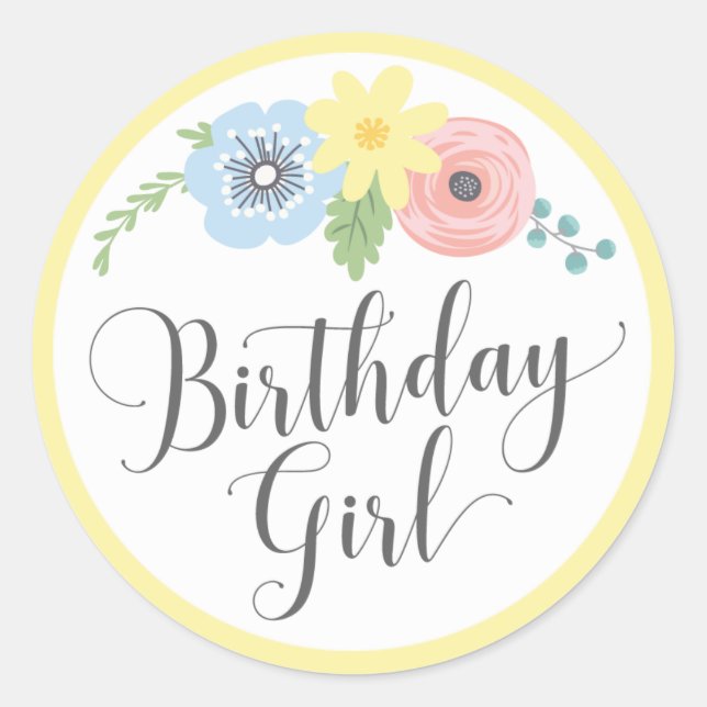 Floral Yellow Birthday Girl Baby & Kids Party Classic Round Sticker (Front)