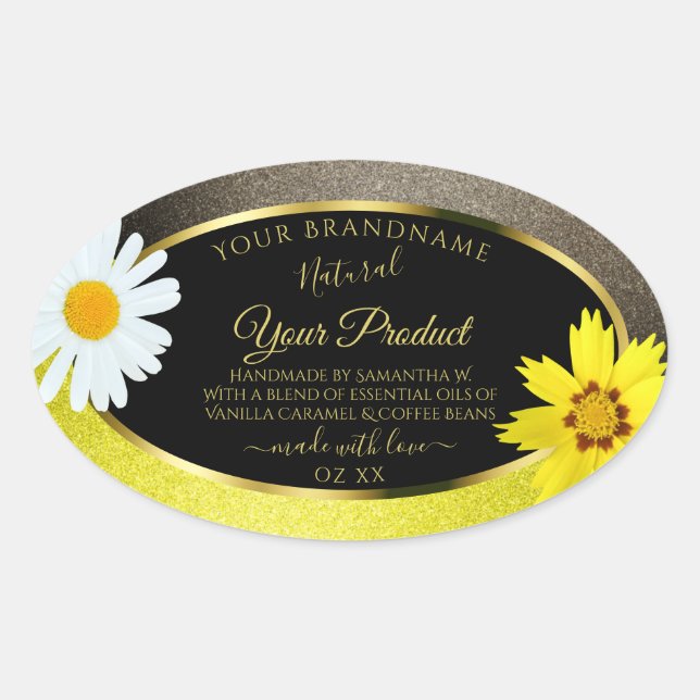 Floral Yellow Brown Glitter Black Product Labels (Front)