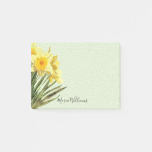Floral Yellow Daffodil Green Crackle Monogram 4x3 Post-it Notes