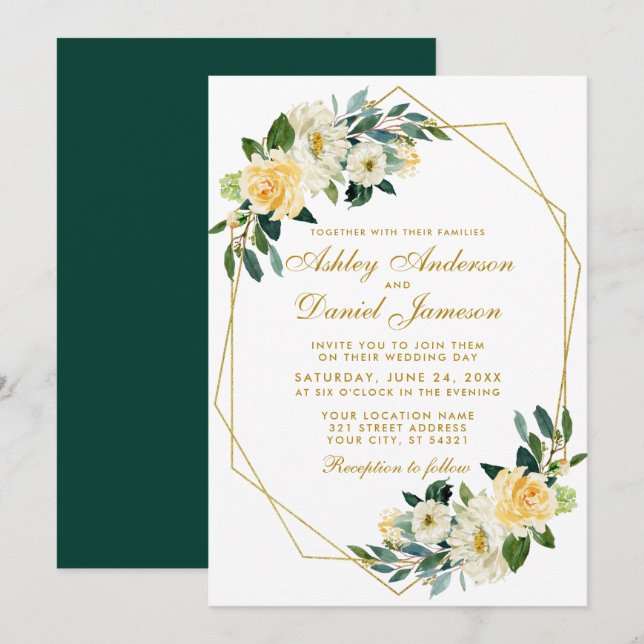Floral Yellow Gold Hunter Green Geometric Wedding Invitation (Front/Back)