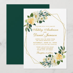 Floral Yellow Gold Hunter Green Geometric Wedding Invitation