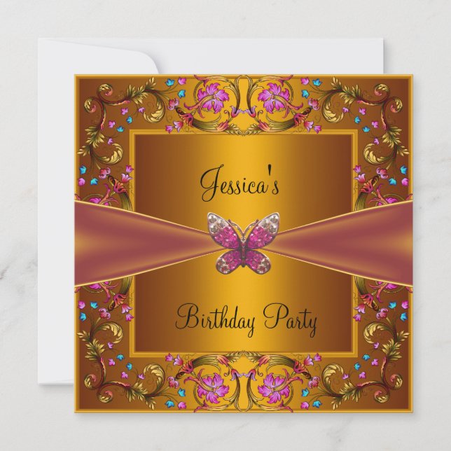 Floral Yellow Gold Pink Butterfly Birthday Party Invitation (Front)