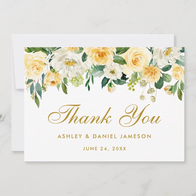 Floral Yellow Gold Wedding Thank You (Front)