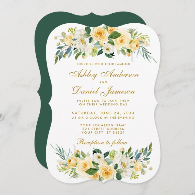 Floral Yellow Gold White Green Wedding Invitation (Front/Back)