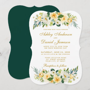 Floral Yellow Gold White Hunter Green Wedding Invitation