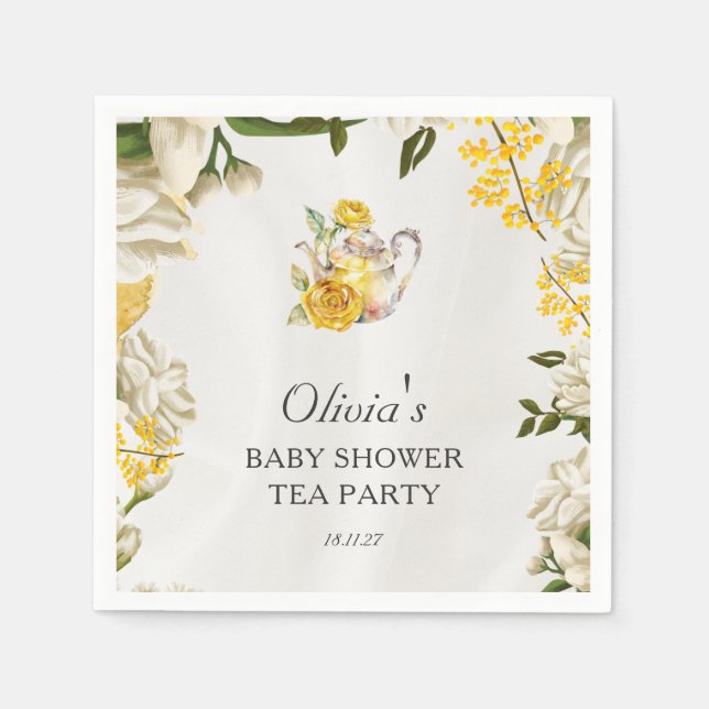 Floral Yellow Green Tea Party Baby Shower Paper Napkin (Front)