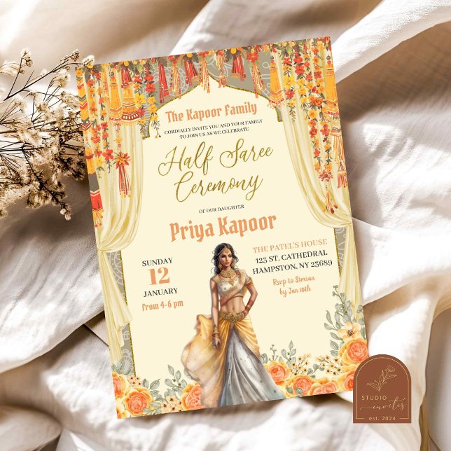 Floral Yellow Half Saree Indian Girl Ceremony Invitation (Creator Uploaded)
