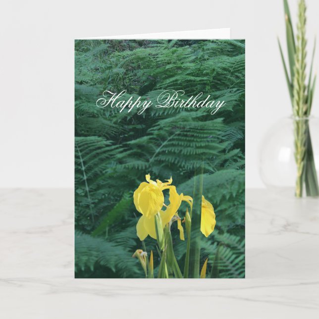 Floral Yellow Iris and Fern "Happy Birthday" Card (Front)