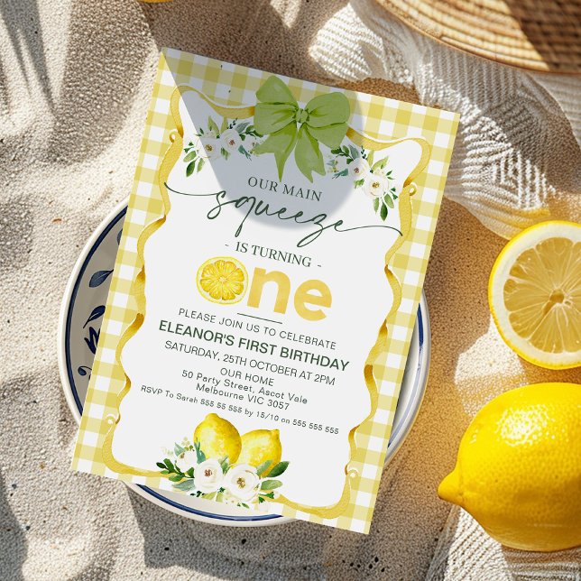 Floral Yellow Lemon Our Main Squeeze 1st Birthday Invitation (Our Main Squeeze 1st Birthday Invitation Template Girl, Bow Lemon 1st Birthday Invitation, Plaid)