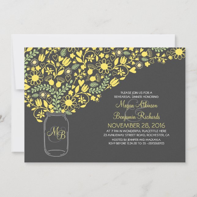 floral yellow mason jar cute rehearsal dinner invitation (Front)