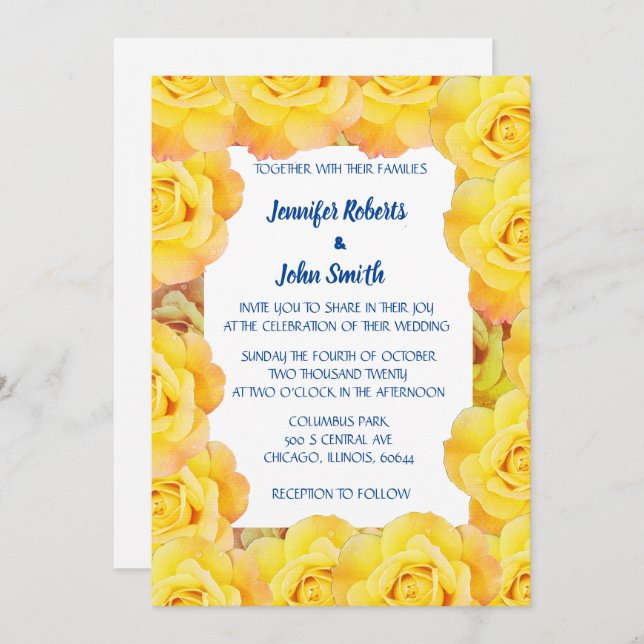 Floral Yellow Navy Blue Rose Cool QR Code Wedding Invitation (Front/Back)