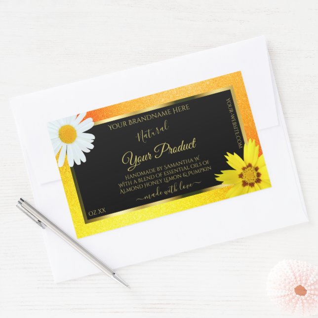 Floral Yellow Orange Glitter Black Product Labels (Envelope)