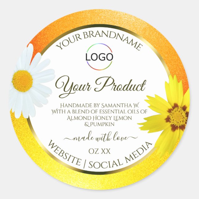 Floral Yellow Orange White Product Label with Logo (Front)