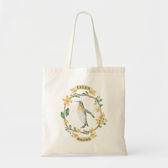 Floral Yellow Penguin Personalised Library Bag (Front)