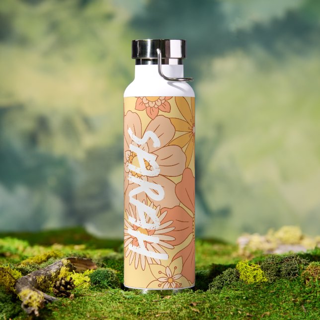 Floral Yellow & Pink Monogram Name Water Bottle (Outdoor)