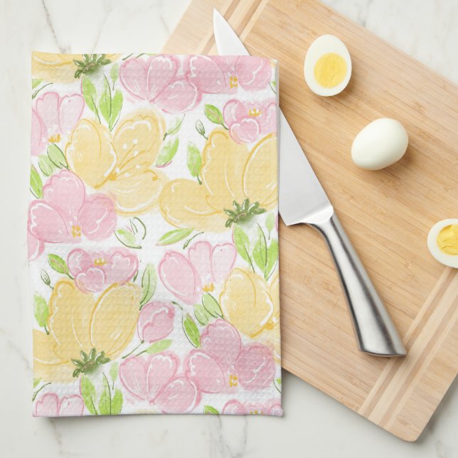 Floral Yellow Pink Tea Towel (Quarter Fold)