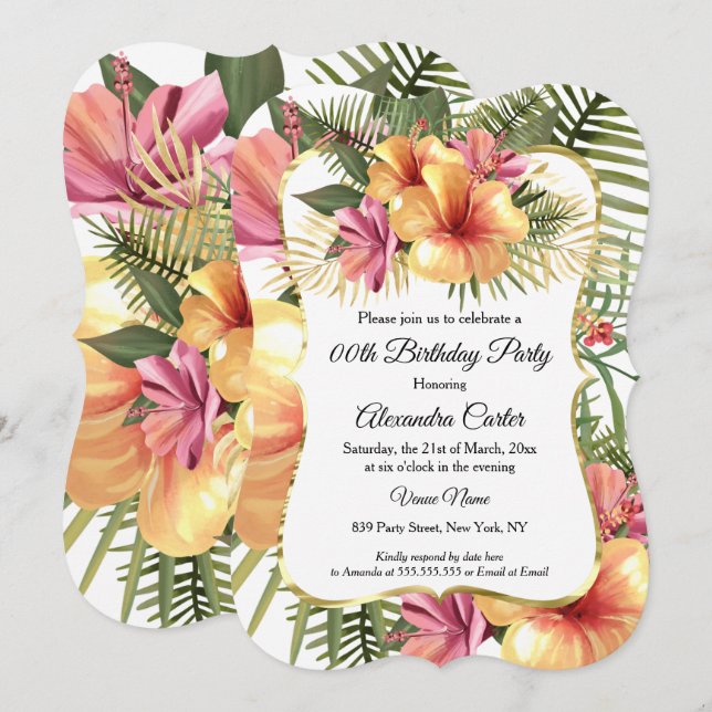 Floral Yellow Pink Tropical Hibiscus Gold Birthday Invitation (Front/Back)