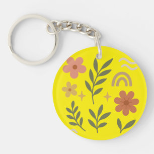 Floral Yellow Round Keychain