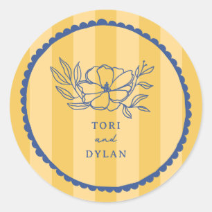 Floral Yellow Stripe Botanical Blue Wedding Classic Round Sticker