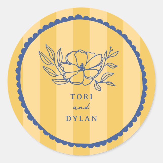 Floral Yellow Stripe Botanical Blue Wedding Classic Round Sticker (Front)