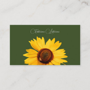 Floral yellow sunflower bee calligraphy dark green business card