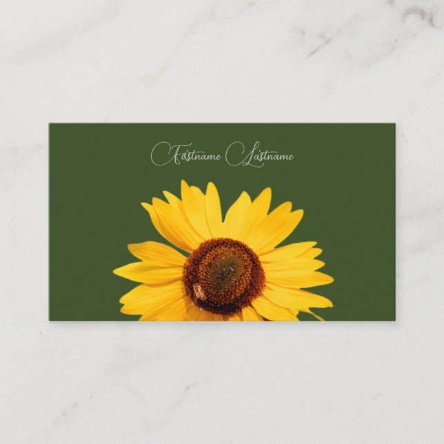 Floral yellow sunflower bee calligraphy dark green business card (Front)