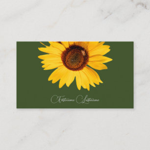 Floral yellow sunflower bee calligraphy dark green business card