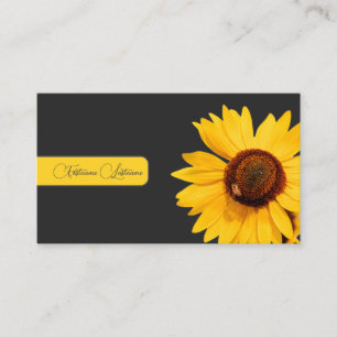 Floral yellow sunflower bee calligraphy dark grey business card