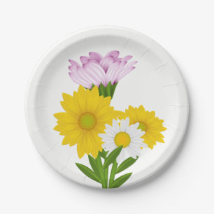 Floral Yellow Sunflower, Daisy Purple Flowers Paper Plate