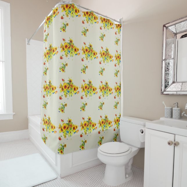 Floral Yellow Sunflower on White  Shower Curtain (In Situ)