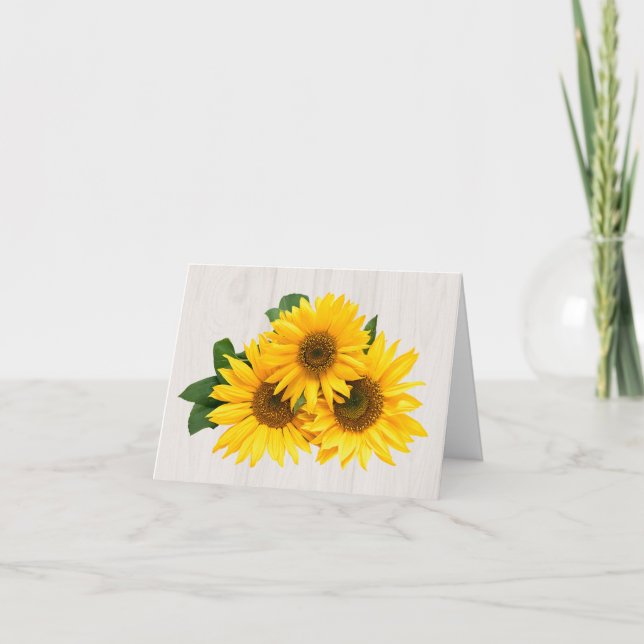 Floral Yellow Sunflower Rustic Grey Wood Thank You Card (Front)