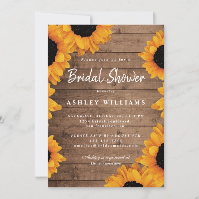 Floral Yellow Sunflower Rustic Wood Bridal Shower Invitation (Front)