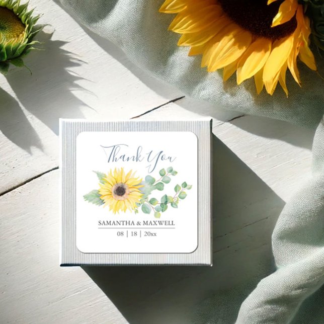 Floral Yellow Sunflower Thank You Stickers (Thank you stickers watercolor sunflower and eucalyptus art by Victoria Grigaliunas, Do Tell A Belle)