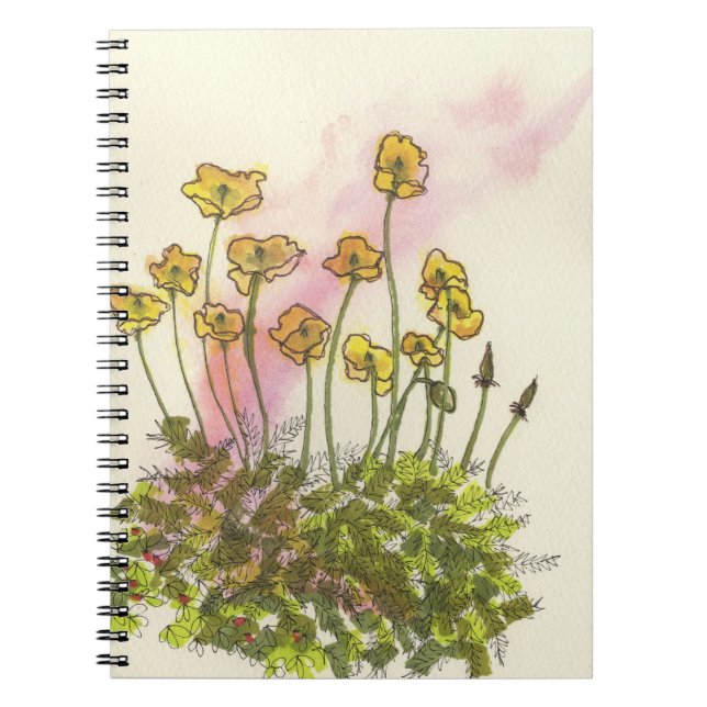 Floral, yellow wild flower poppy, spiral notebook (Front)