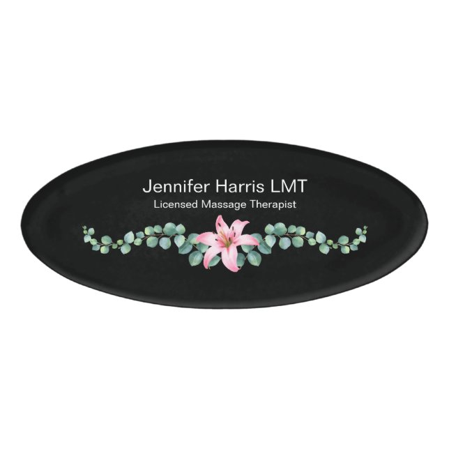 Floral Zen Licensed Massage Therapist Name Tag (Front)