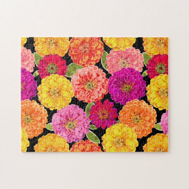 Floral Zinnia Summer Flowers Coral Purple Yellow Jigsaw Puzzle (Horizontal)