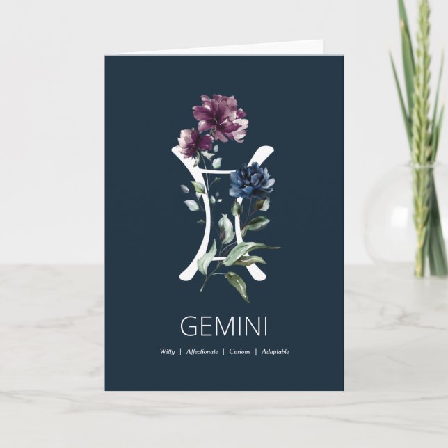 Floral Zodiac Star Sign Gemini Birthday Card (Front)