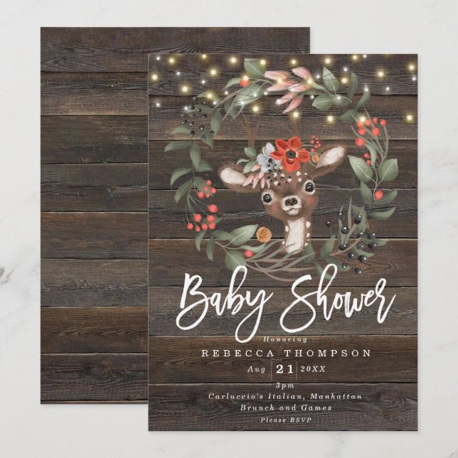 florals and cute deer boho modern baby shower invitation (Front/Back)