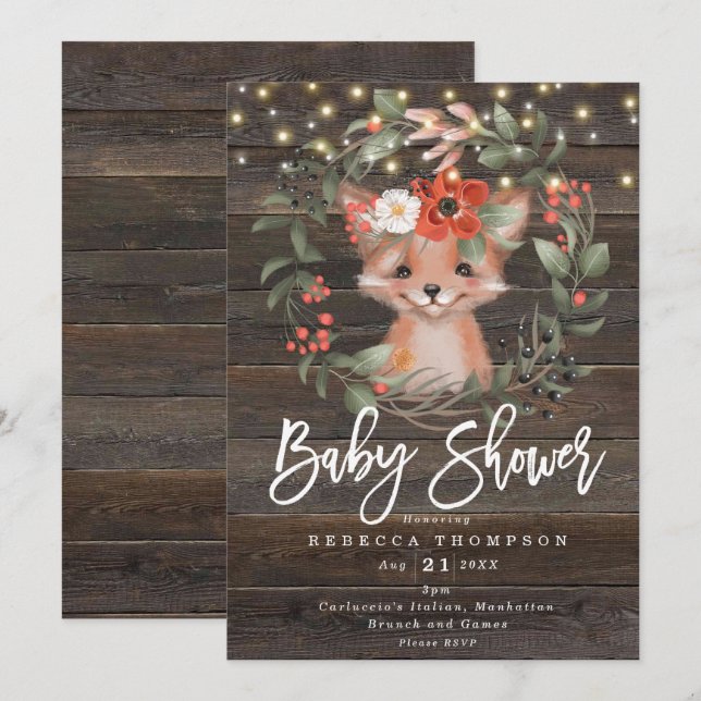 florals and cute fox boho modern baby shower invitation (Front/Back)