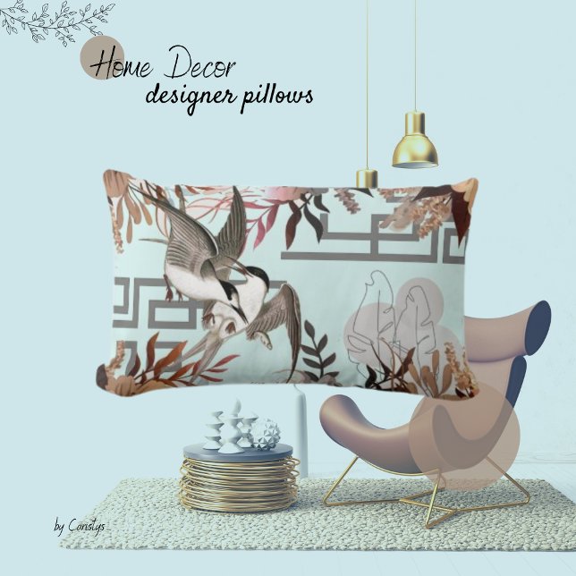 Florals, Birds, Dusty Blue Lumbar Cushion (Creator Uploaded)