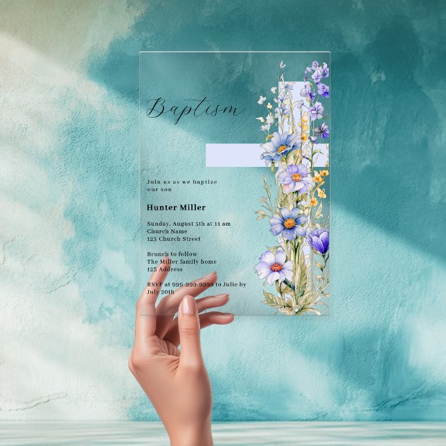 Florals blue cross boy clear Baptism Acrylic Invitations (Creator Uploaded)