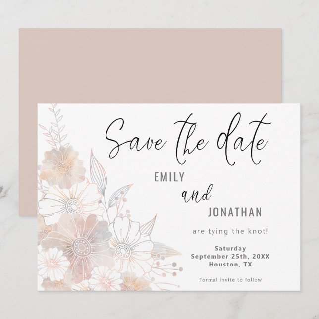 Florals Blush Peach Grey Wedding Save The Date (Front/Back)