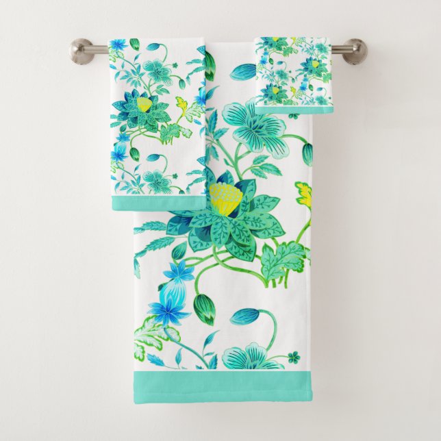 Florals Bright Blues Yellow on White Bath Towel Set (Insitu)