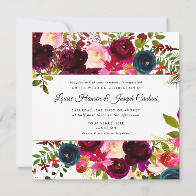 Florals Burgundy Blush Navy Watercolor Wedding Invitation (Front)