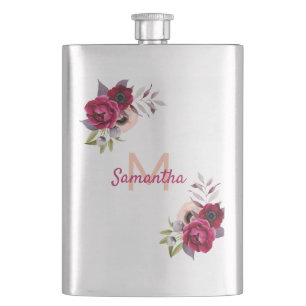 Florals burgundy name monogram hip flask