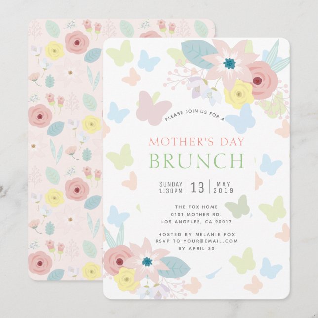 Florals & Butterflies Pink Mother's Day Brunch Invitation (Front/Back)