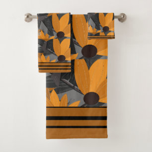 Florals Daisies Orange, Tan Grey  Bath Towel Set