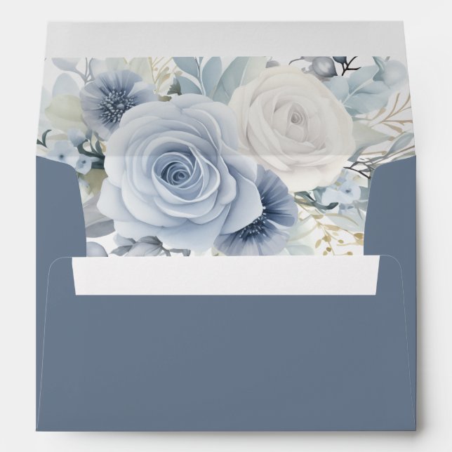 Florals Dusty Blue Return Name Address Wedding Envelope (Back (Bottom))
