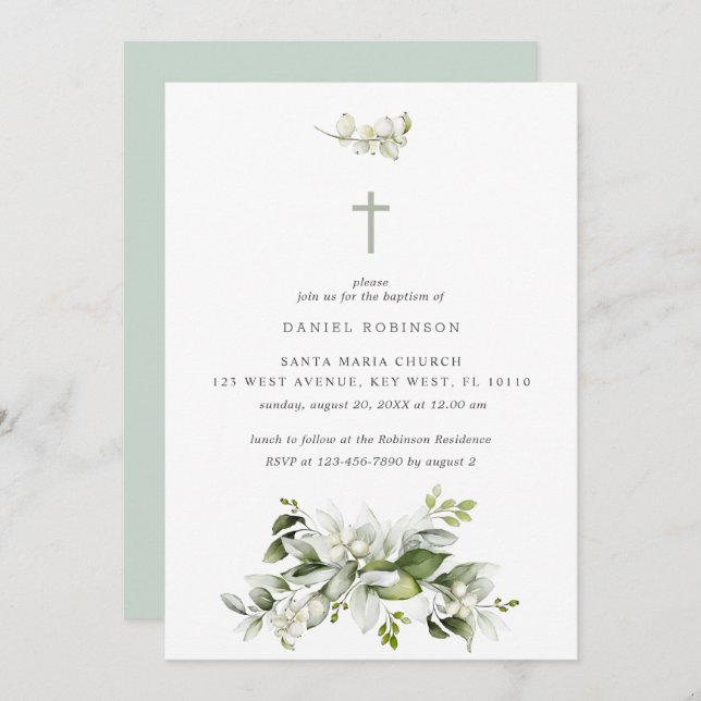  Florals Elegant Greenery Baptism Invitation (Front/Back)
