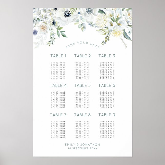 Florals Eucalyptus 9 Tables 90 Guest Seating Chart (Front)